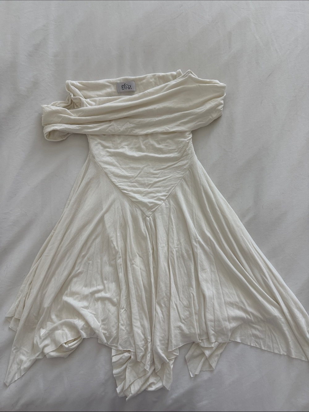 Oh Polly Cream Off-Shoulder Asymmetrical Handkerchief Dress